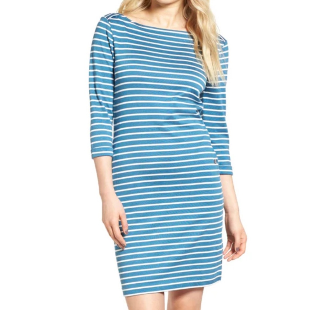 Barbour Wharf Striped Dress Jersey 3/4 Sleeves Cotton Blue White Size 14